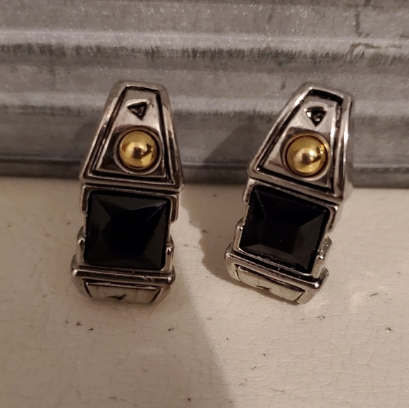 Vintage Black Onyx Silver Plated Earrings - Picture 2 of 3